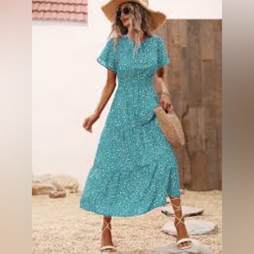 Ces Femme Short Sleeved Abstract Print Midi Dress Aqua White Size Small